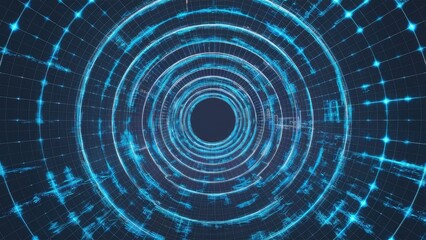 Poster - futuristic blue tunnel - abstract wireframe mesh with grid design