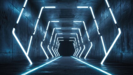 Wall Mural -  Futuristic Cyber Laser Spotlights in a Glowing Dark Tunnel with Grunge Concrete Background - 3D Rendering Illustration