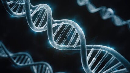 Poster - Futuristic DNA chain illustration with volumetric light effects in dark blue.