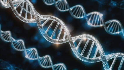Poster - Futuristic DNA chain illustration with volumetric light effects in dark blue.