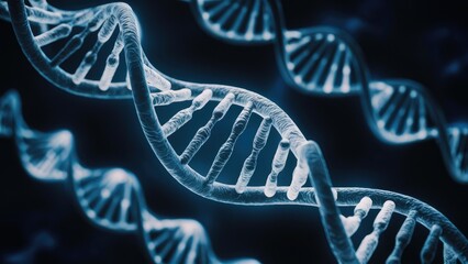 Poster - Futuristic DNA chain illustration with volumetric light effects in dark blue.