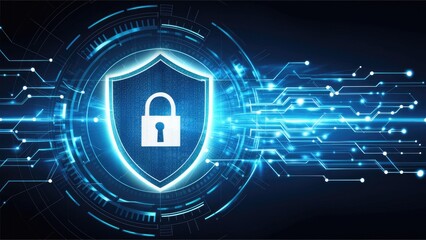 Poster - futuristic digital shield with dynamic light rays - concept of cybersecurity and data protection