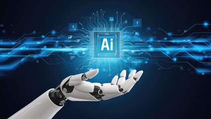 Poster - futuristic humanoid robot hand displaying a luminous advanced processor. innovative metal hand featu