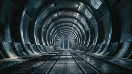 Poster - Futuristic Industrial Tunnel Corridor with Glossy Concrete and Grunge Elements in an Underground Environment - Realistic 3D Rendering Illustration