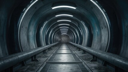 Poster - Futuristic Industrial Tunnel Corridor with Glossy Concrete and Grunge Elements in an Underground Environment - Realistic 3D Rendering Illustration