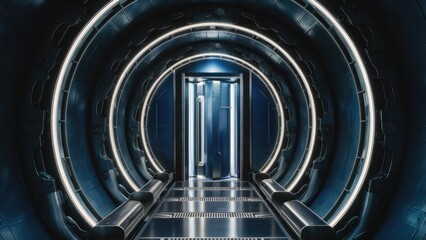 Poster - Futuristic Interior Door between Levels - 3D Rendering Sci-Fi Wallpaper Background