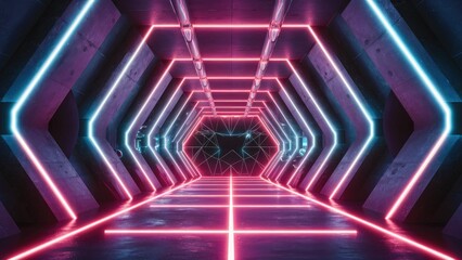 Poster - Futuristic Laser Show Stage with Neon Lights and Sci-Fi Elements in an Abstract Concrete Corridor - 3D Rendering Illustration