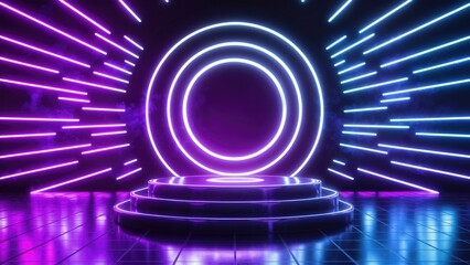 Poster -  Futuristic Neon Stage Podium with Glossy Finish and Vibrant Laser Effects in Purple and Blue - 3D Rendered Illustration for Cyber Environment