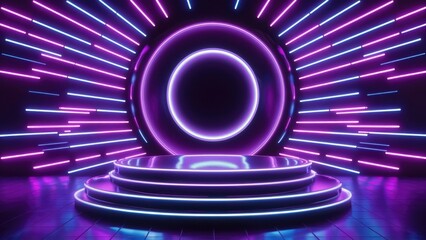 Poster -  Futuristic Neon Stage Podium with Glossy Finish and Vibrant Laser Effects in Purple and Blue - 3D Rendered Illustration for Cyber Environment