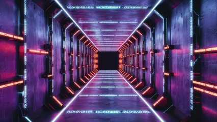 Poster -  Futuristic Neon Cyber Matrix Code Tunnel with Laser Lights in Concrete Corridor - 3D Rendered Gaming Room Background Illustration