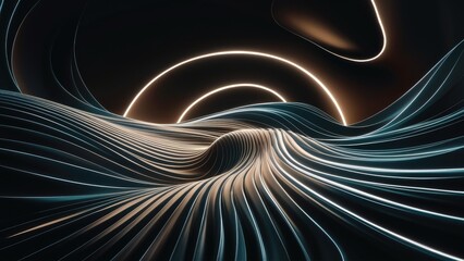 Poster - Futuristic abstract dark background with flowing wave design. Luxurious realistic 3D wallpaper featuring smooth lines. 3D rendering.