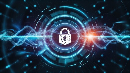 Aufkleber - Futuristic digital data transfer and network connections in cyberspace. High-tech particle flow and cybersecurity theme on a dark blue background.