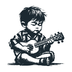 Wall Mural - The classic ukulele kids player. Black white vector illustration.
