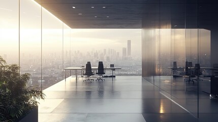 Poster - modern office with cityscape view and minimalist design