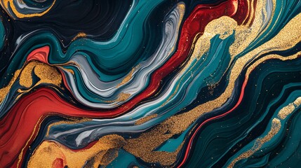 Poster -  4k wallpaper with a liquify marble effect, blending dynamic black, gold, red, and teal patterns