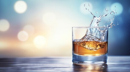 Canvas Print - A glass of liquor is sitting on a table with a splash of water on top of it