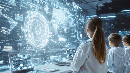 Wall Mural - children exploring futuristic technology interface with holographic displays