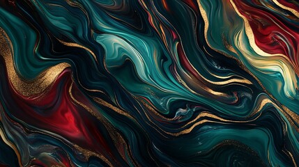Poster - A marble-inspired 4k wallpaper with liquify effects, blending black, gold, red, and teal in swirling pattern