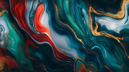 Poster - A marble-inspired 4k wallpaper with swirling patterns, enhanced by a liquify effect in black, gold, red, and teal