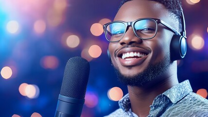 Wall Mural - A man with glasses and a microphone is smiling and singing