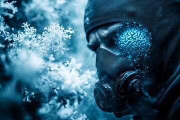 Canvas Print - Moody high contrast image of man in winter with snowflakes and puzzle pieces on his head representing cold isolation of mental struggles and search for clarity in a frosty unyielding environment