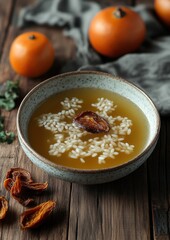 Wall Mural - Delicious Rice Porridge in Rustic Ceramic Bowl with Persimmons and Parsley on Wooden Table - Cozy Autumn Comfort Food