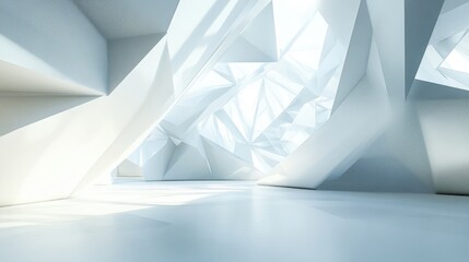Poster - Abstract white interior showcasing a futuristic design Polygonal drawing enhances the architectural backdrop 3D illustration and rendering
