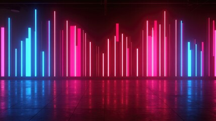 Fototapete - 3D rendered abstract geometric background featuring glowing vertical lines in a dark setting Neon equalizer graph on an empty stage with a blue red gradient and ultraviolet light Modern minimalist