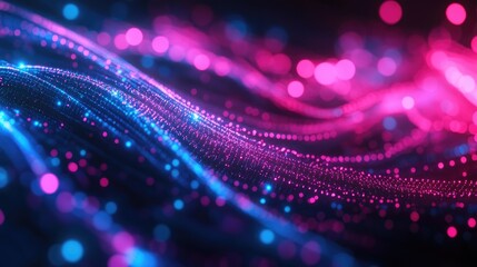 Poster - 3D rendering of an abstract background featuring pink and blue neon light impulses traveling through cables representing large scale data transfer and connectivity
