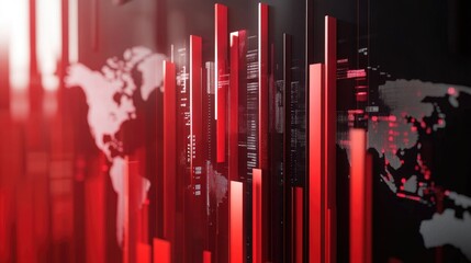Poster - 3D rendering of elegant columns representing graph data integrating a world map into an analytical theme Abstract statistics displayed in red creating an informational backdrop