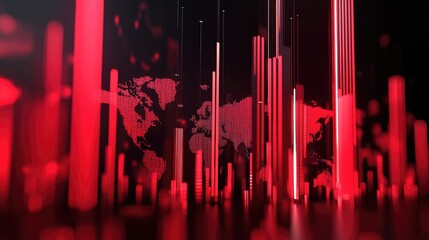 Poster - 3D rendering of elegant columns representing graph data integrating a world map into an analytical theme Abstract statistics displayed in red creating an informational backdrop