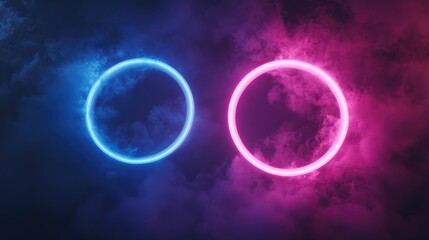 Abstract neon backdrop featuring mystical space with two pink and one blue glowing rings illuminated by dark and ultraviolet light 3D rendering and illustration