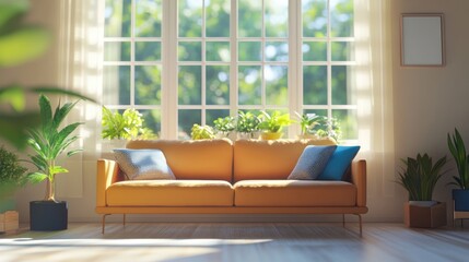 Poster - Concept of a bright room featuring a sofa with a summer view through the window showcasing Scandinavian interior design in a 3D illustration