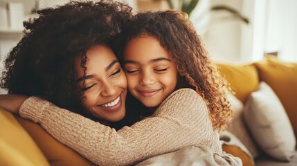 Wall Mural - tender embrace of mother and daughter on cozy sofa warm home ambiance