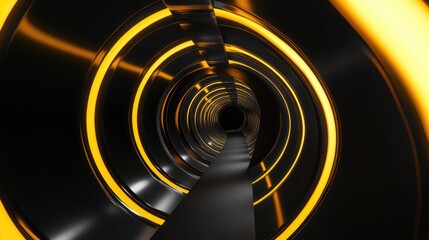 Poster - Abstract composition in black and yellow A circular tunnel featuring repetitive modern structures with perspective light effects 3D rendering