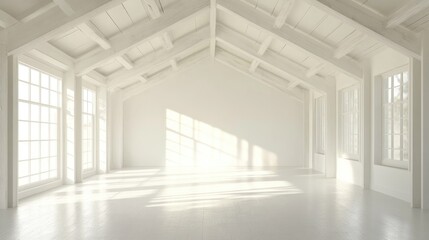 Poster - Abstract empty interior scene featuring a white room with beams and gentle lighting Created using digital 3D rendering and computer graphics