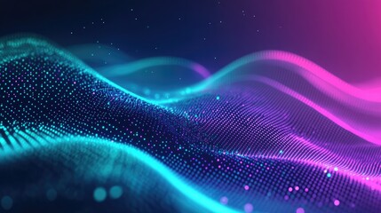 Poster - Abstract flowing gradient of blue and green with particles creating a wavy geometric background Digital futuristic design featuring purple and pink dotted waves suitable for science or music covers