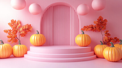 Wall Mural - Empty luxurious aesthetic podium for Halloween, in millennial pink color, designed for advertising and product display with natural pumpkins on the sides.