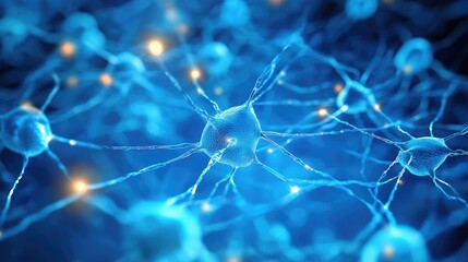 Poster - Abstract representation of neural connections against a blue backdrop Technological design element related to artificial intelligence and big data featuring ample copy space