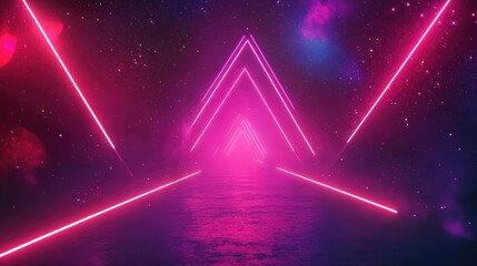 Poster - Abstract vibrant background featuring neon geometric lines stars and a portal leading to another dimension
