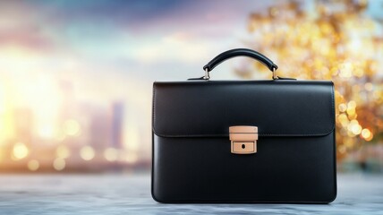 Wall Mural - A black briefcase with a gold handle sits on a table