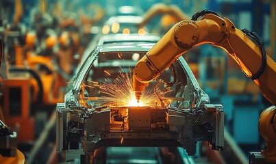 Aufkleber - Robotic Arm Welding Joints with Laser Technology in Automotive Manufacturing Factory
