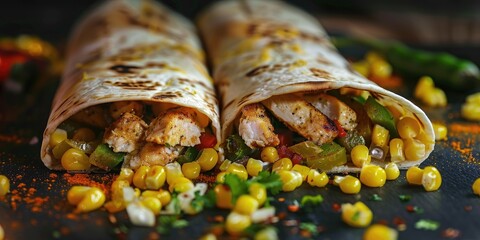 Poster - SautÃƒÂ©ed chicken fajitas accompanied by corn and bell peppers in the cooking space.