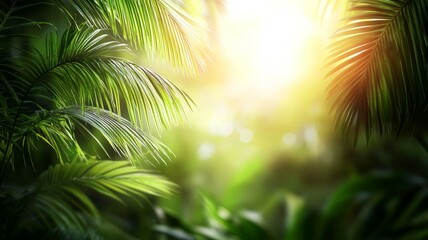 Canvas Print - A lush green jungle with a bright sun shining through the leaves