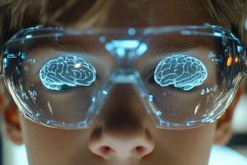 A close up of a child wearing futuristic goggles with miniature brains inside symbolizing the intersection of education technology and the development of young minds