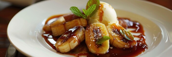 Wall Mural - Caramelized Banana Dessert with Rum Sauce and Vanilla Ice Cream on a White Plate