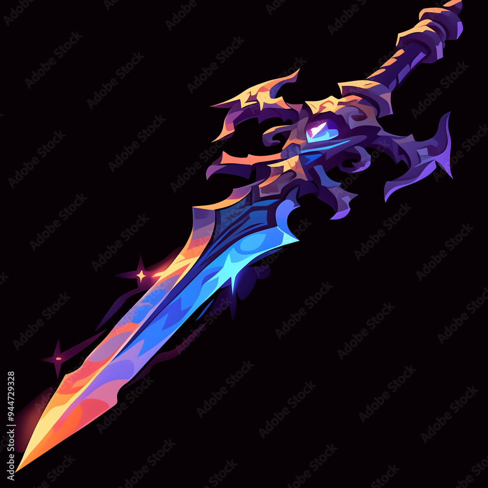 Ornate Sword with Fiery Blue and Gold Blade A Majestic Weapon Crafted ...