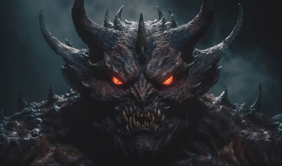 A close-up of a menacing monster with glowing red eyes, captured in a dark and eerie atmosphere