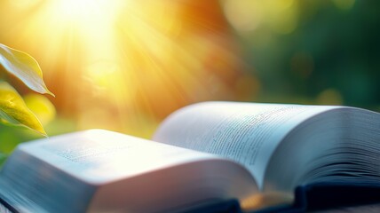 A book is open to a page with a leaf on it