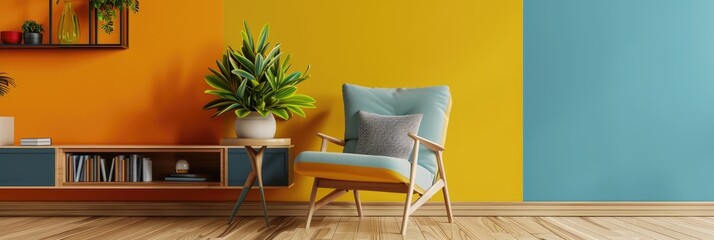 Wall Mural - Modern interior with an armchair and customizable mockup area, featuring a table, bookshelf, vibrant wall, and potted plant.